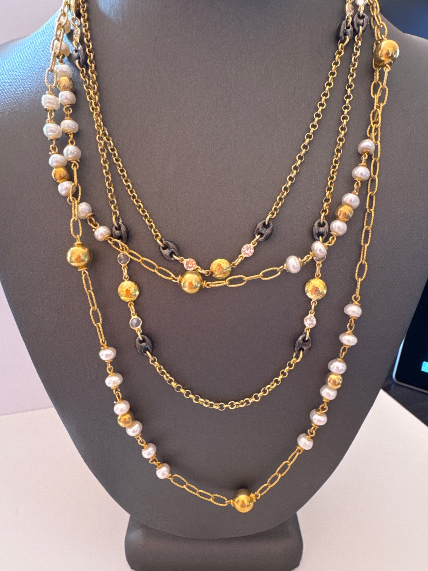 Gold Chain, Oxidized & Yellow Gold Vermeil Beads Long Necklace
