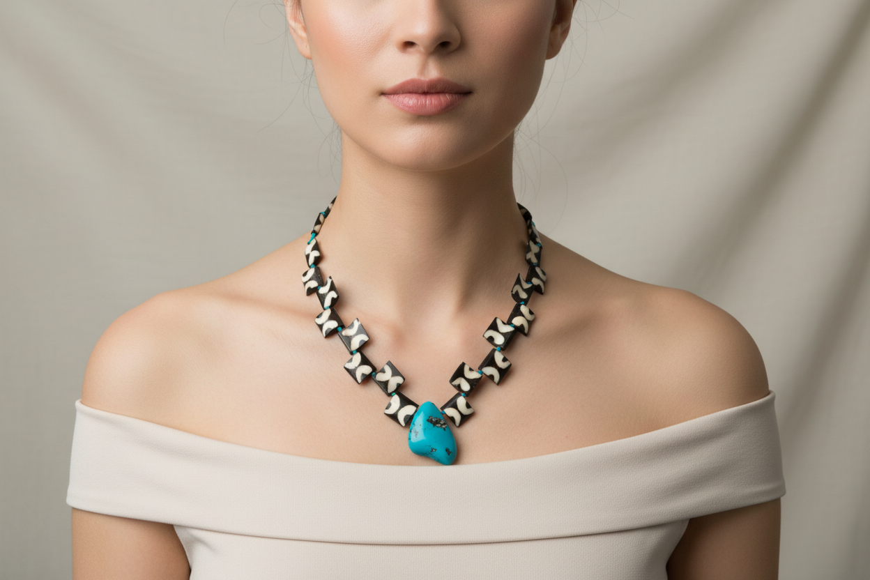 Wood Necklace and a Large Turquoise Pendant