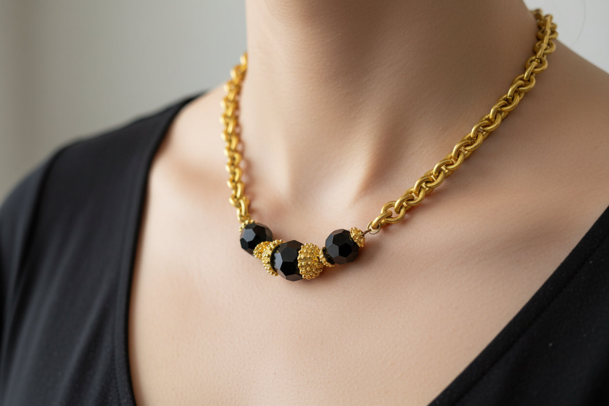 Yellow Gold Chain & Black Faceted Crystal Necklace