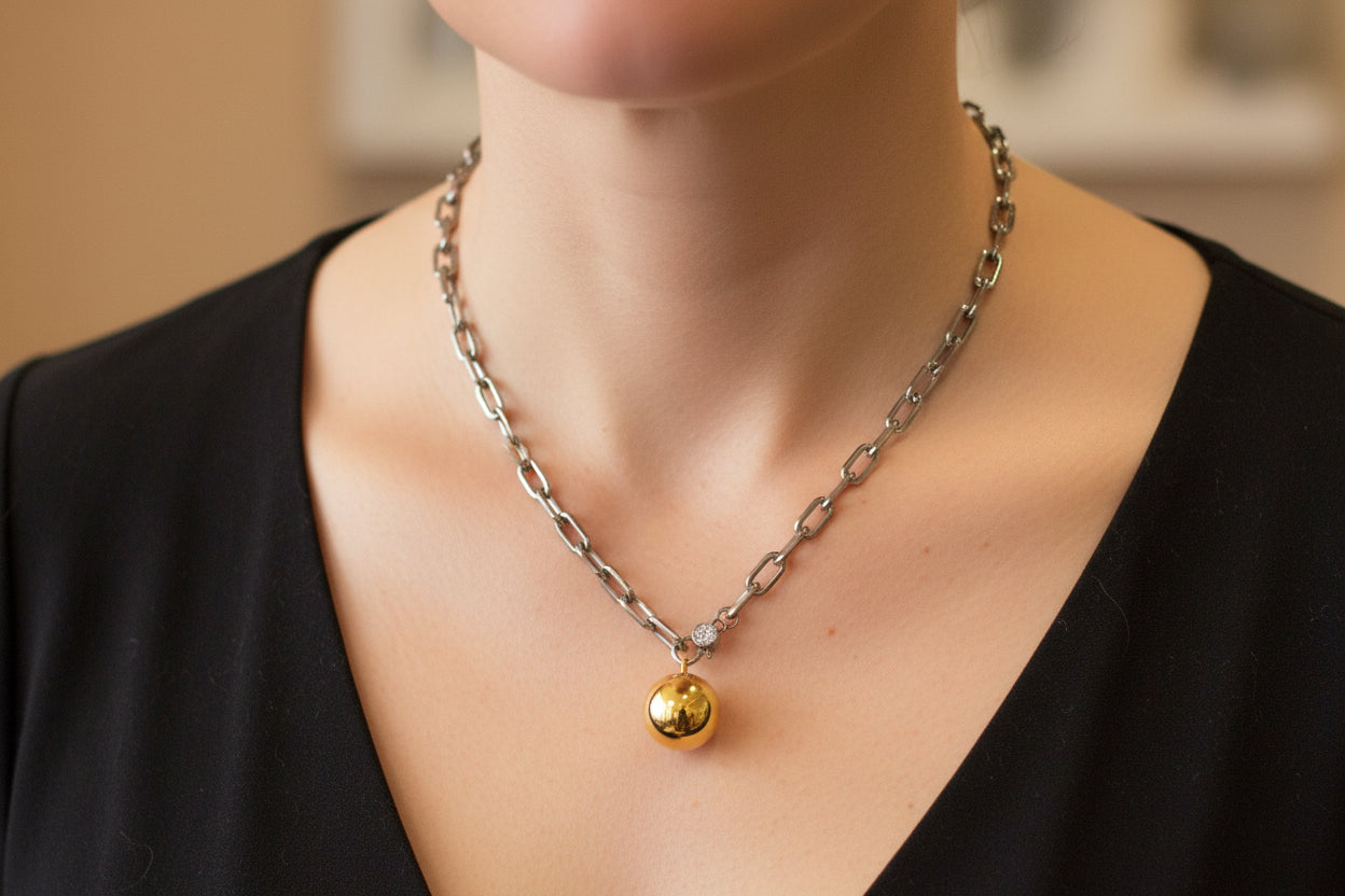 Oxidized Small Paper Clip Chain & Removable Yellow Gold Ball Charm