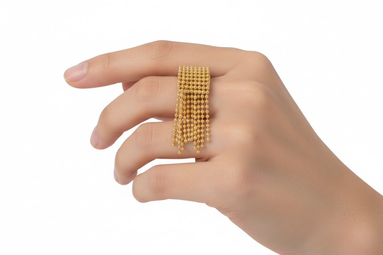 Textured Golden Ring with Beaded Fringe