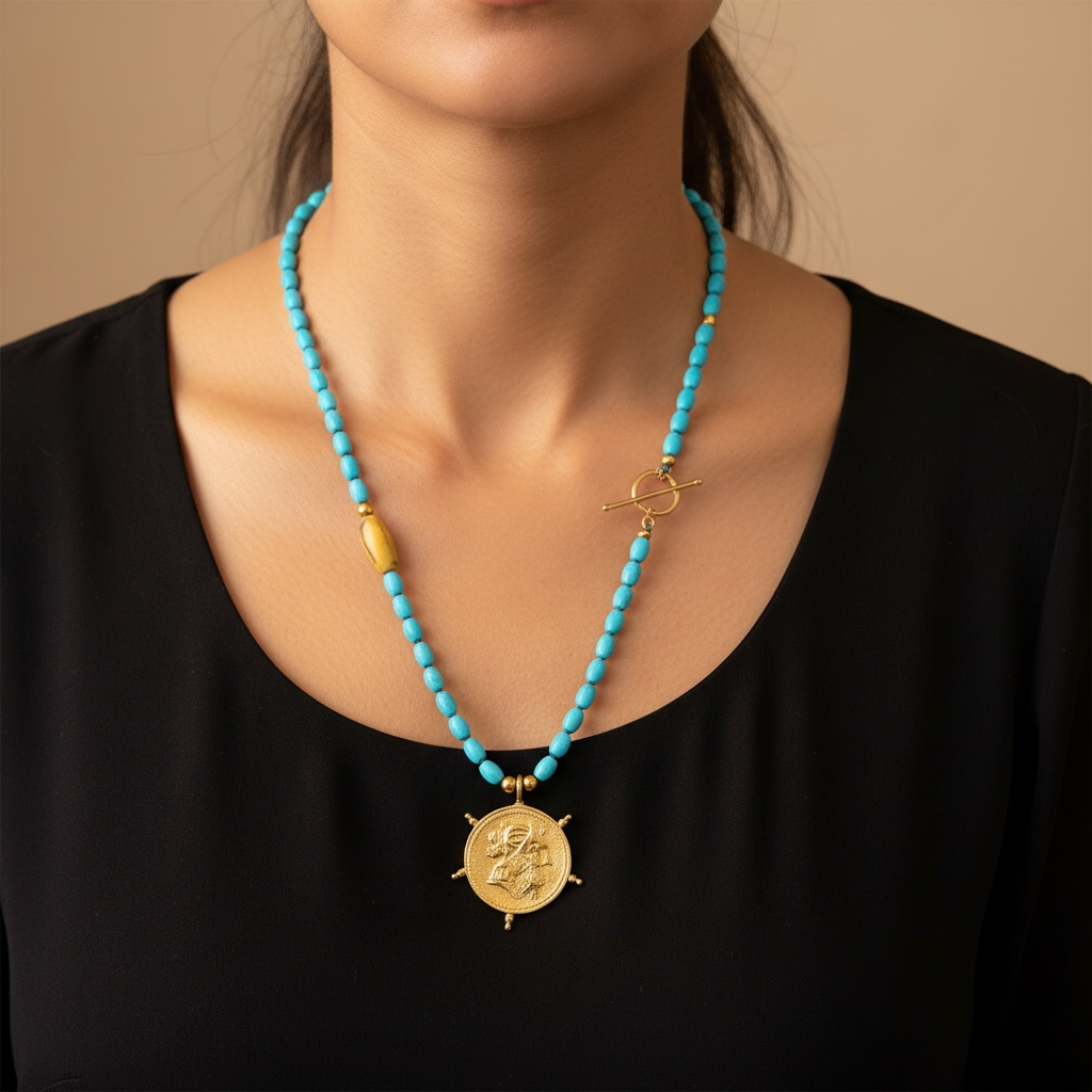 Turquoise & Coin Pendant Necklace