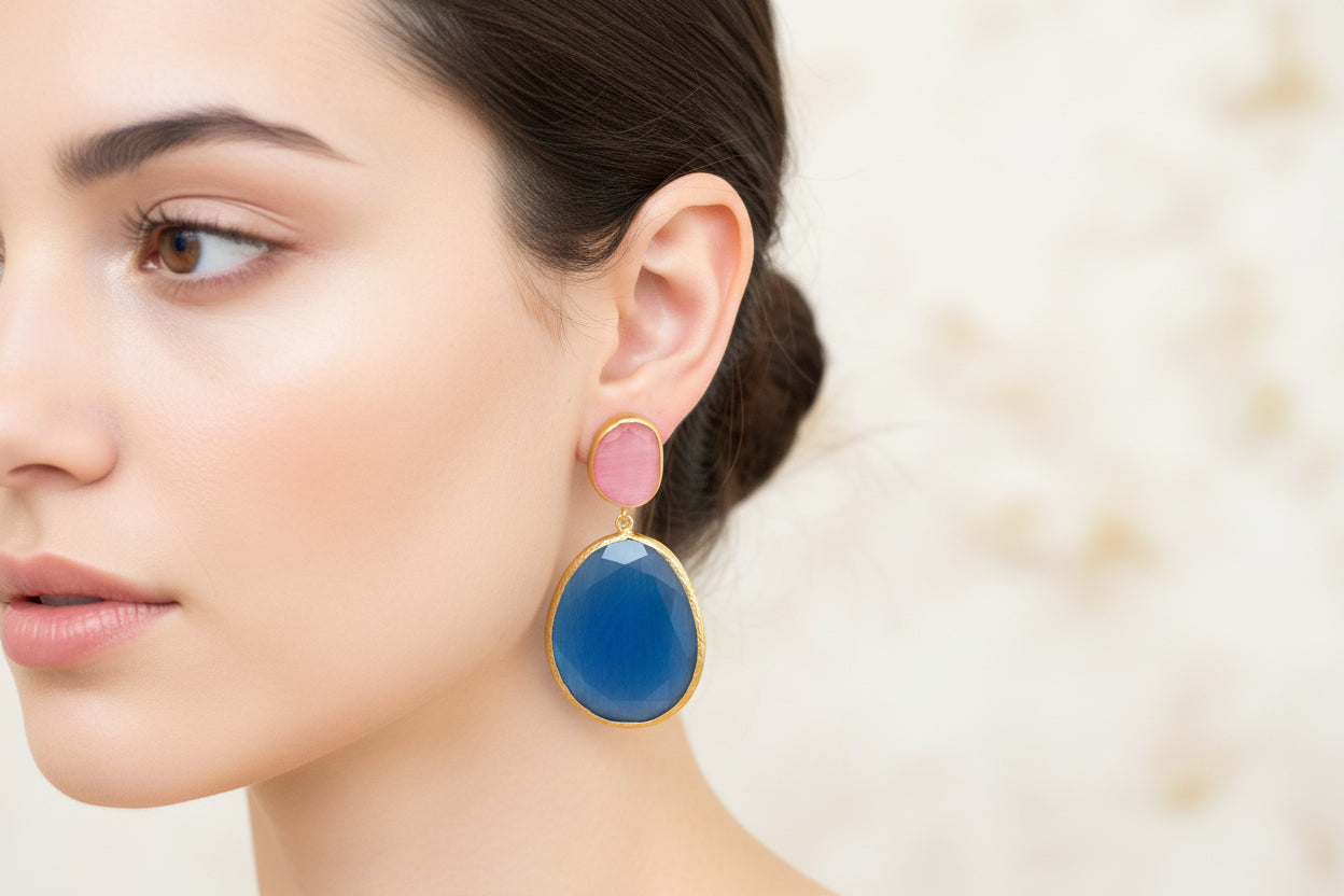 Large Tear Shape Light Pink & Blue Chalcedony Earrings