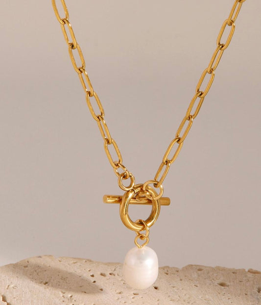Golden Chain & Drop Charm Pearl Necklace