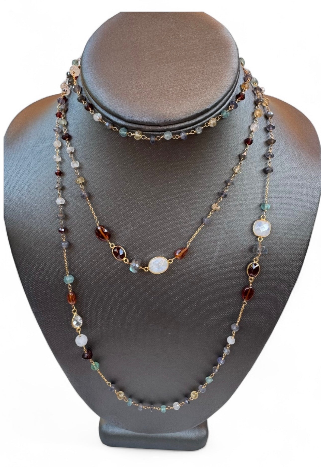 Multi Shape Tourmaline & Pearl Long Dainty Beaded Chain