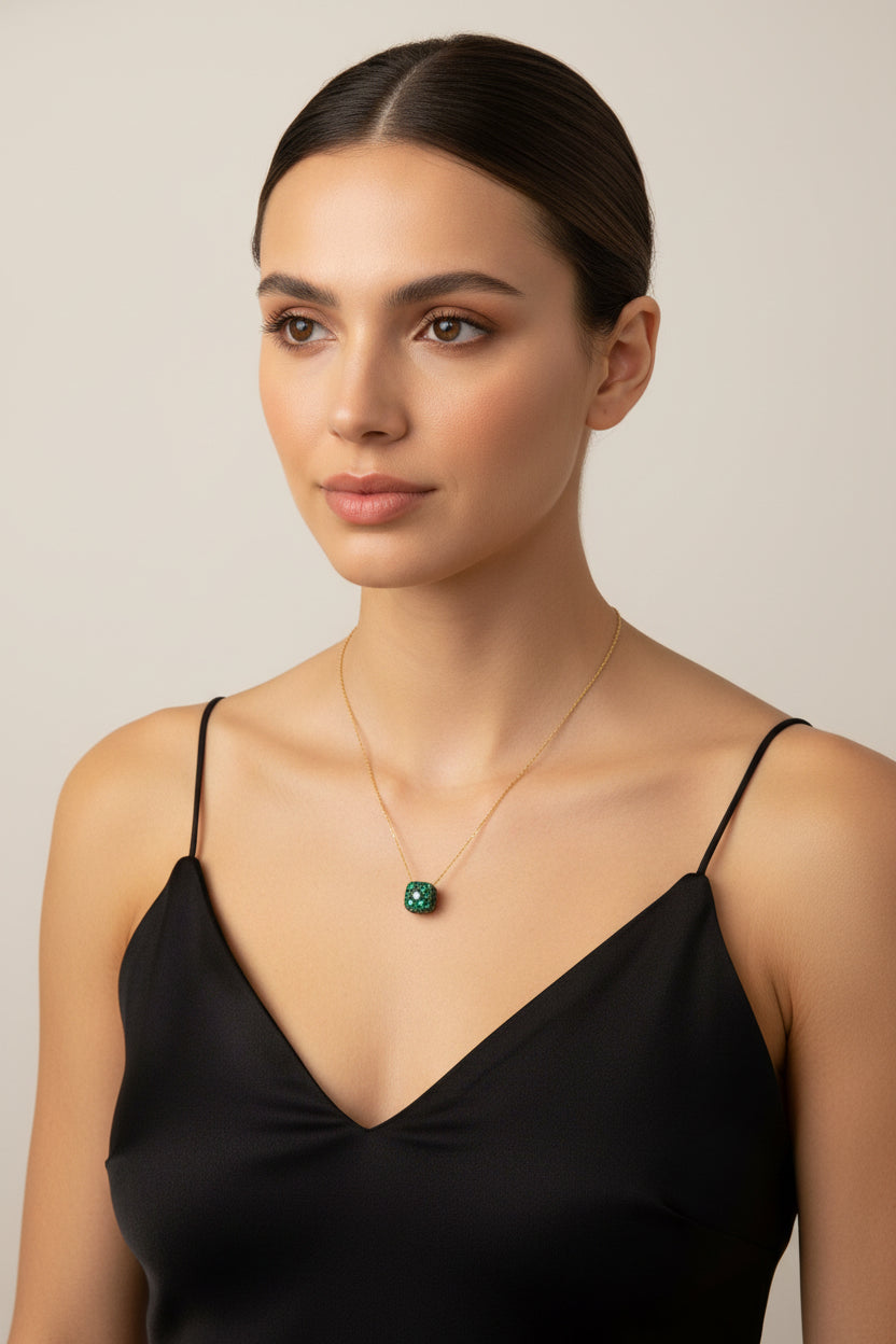 Square Yellow Gold & Green Cubic Zirconium Pendant Necklace