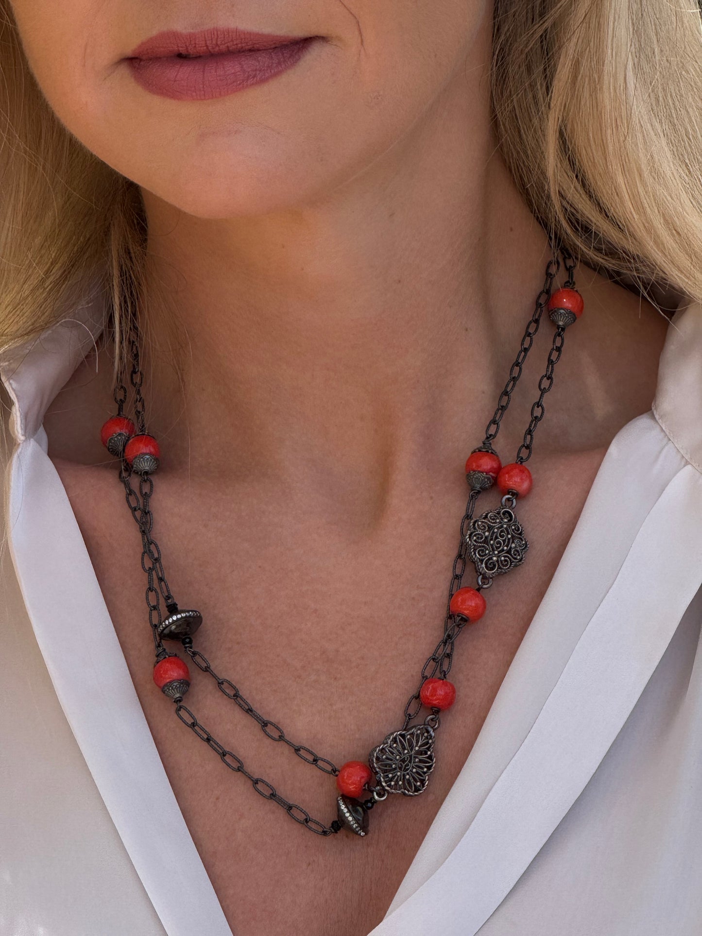 Oxidized Chain, Red Coral & Gray Pearl & Shell Pearl Long Necklace