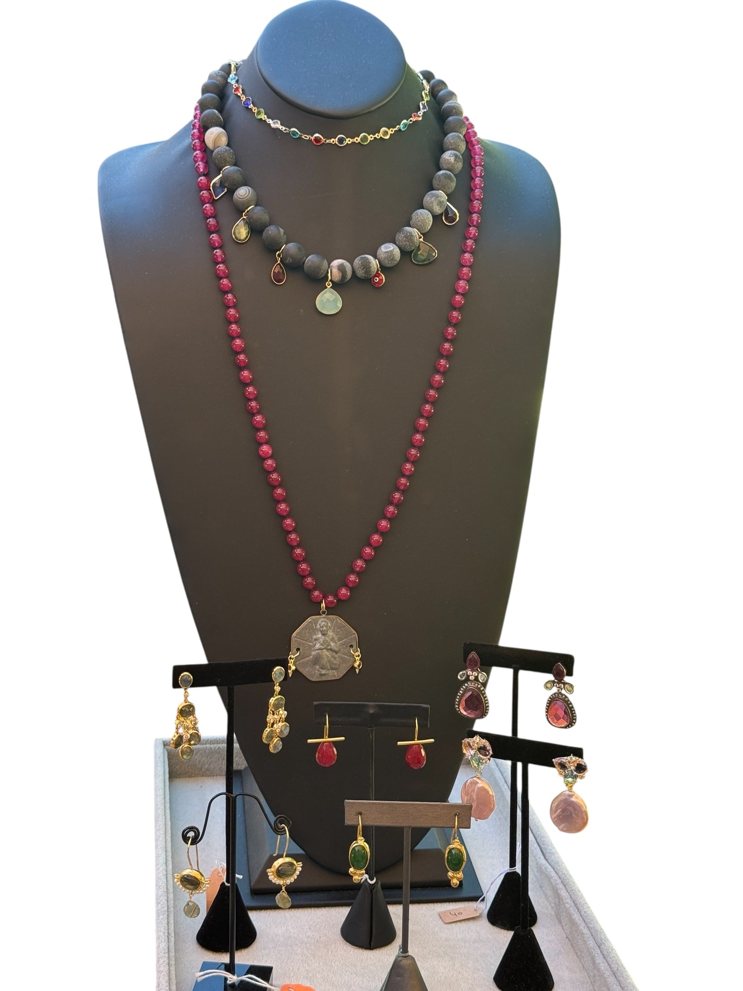 Knotted Long Red Chalcedony Bead Necklace & Large Buddha Pendant