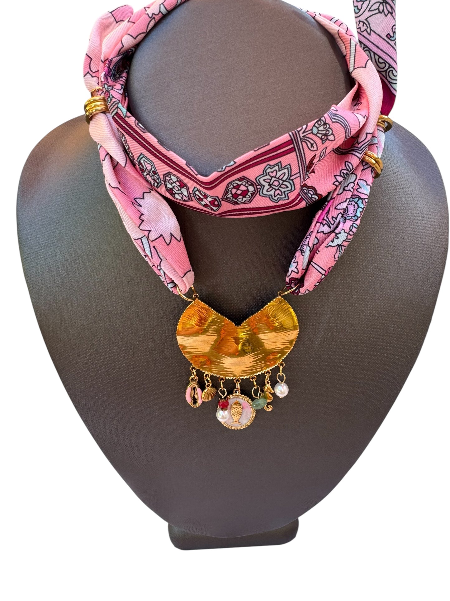 Pink Pattern Silk Blend Scarf Necklace & Pendant