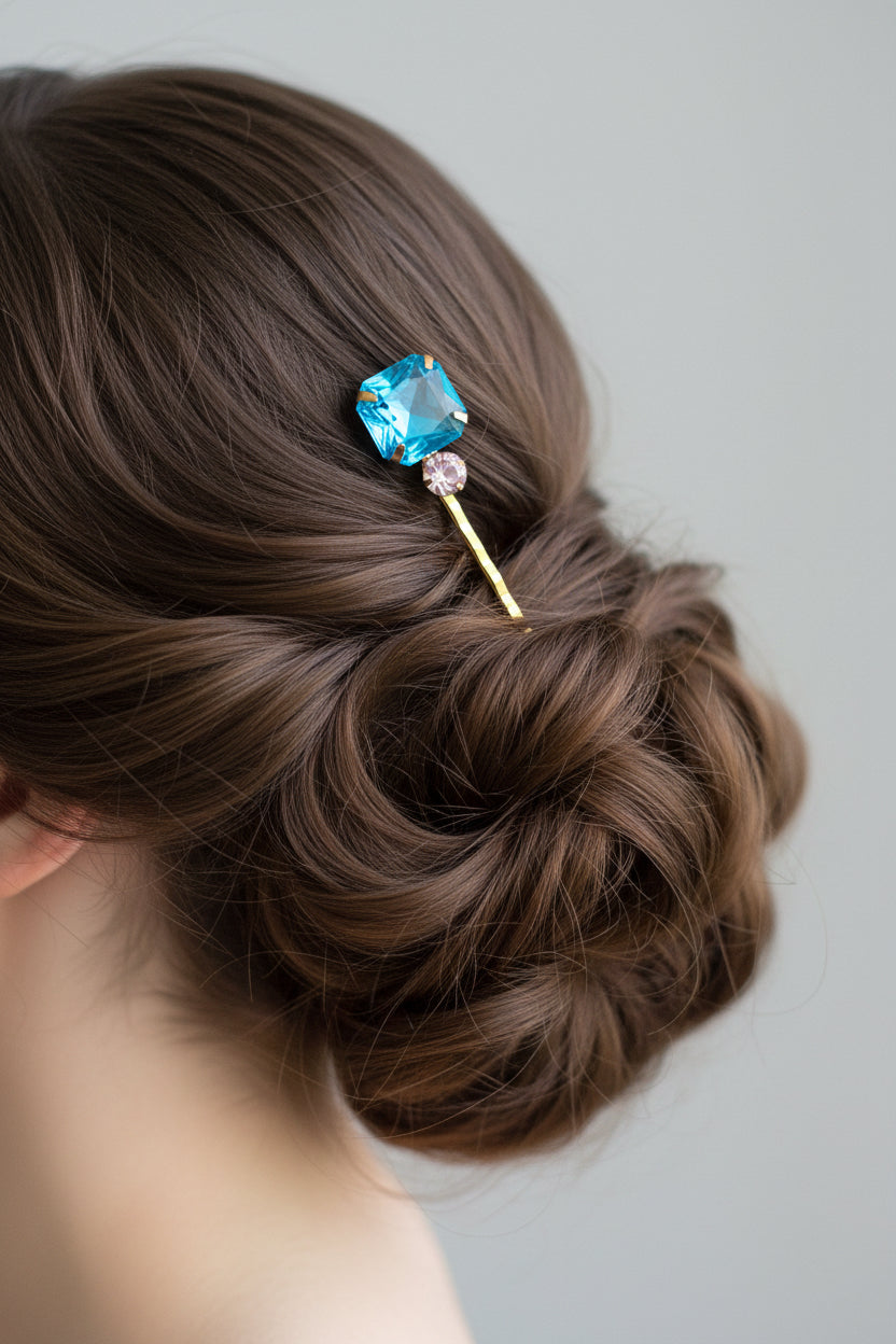 Blue Rectangular & White Round Rhinestone Clip