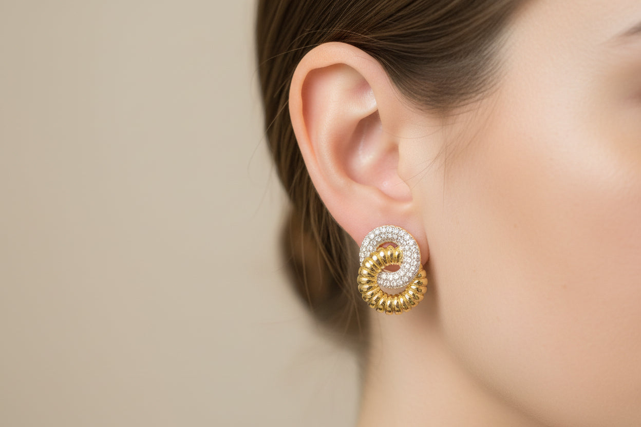 Double Circle Yellow Gold and Cubic Zirconium Stud Earrings