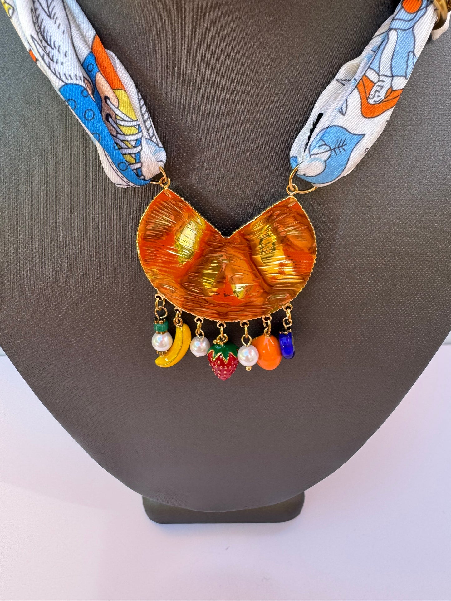 Blue Pattern Silk Blend Scarf Necklace & Pendant