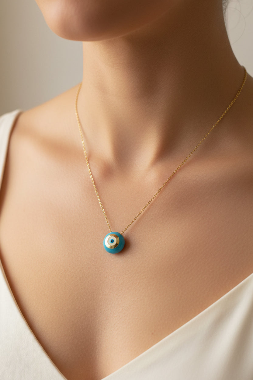 Yellow Gold Vermeil Light Blue Enamel Round Eye Necklace