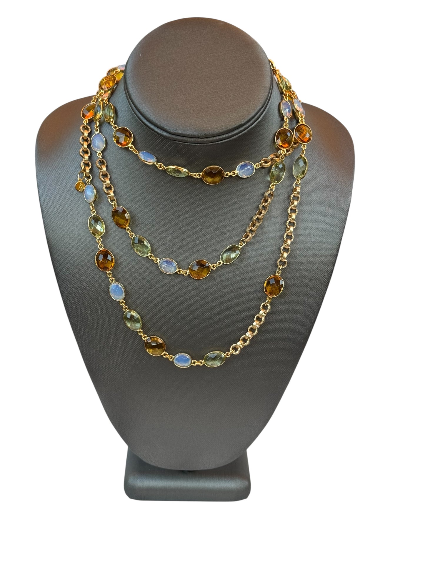 Bezel Set Smoky Quartz & Pink Opalite & Chain Long Necklace