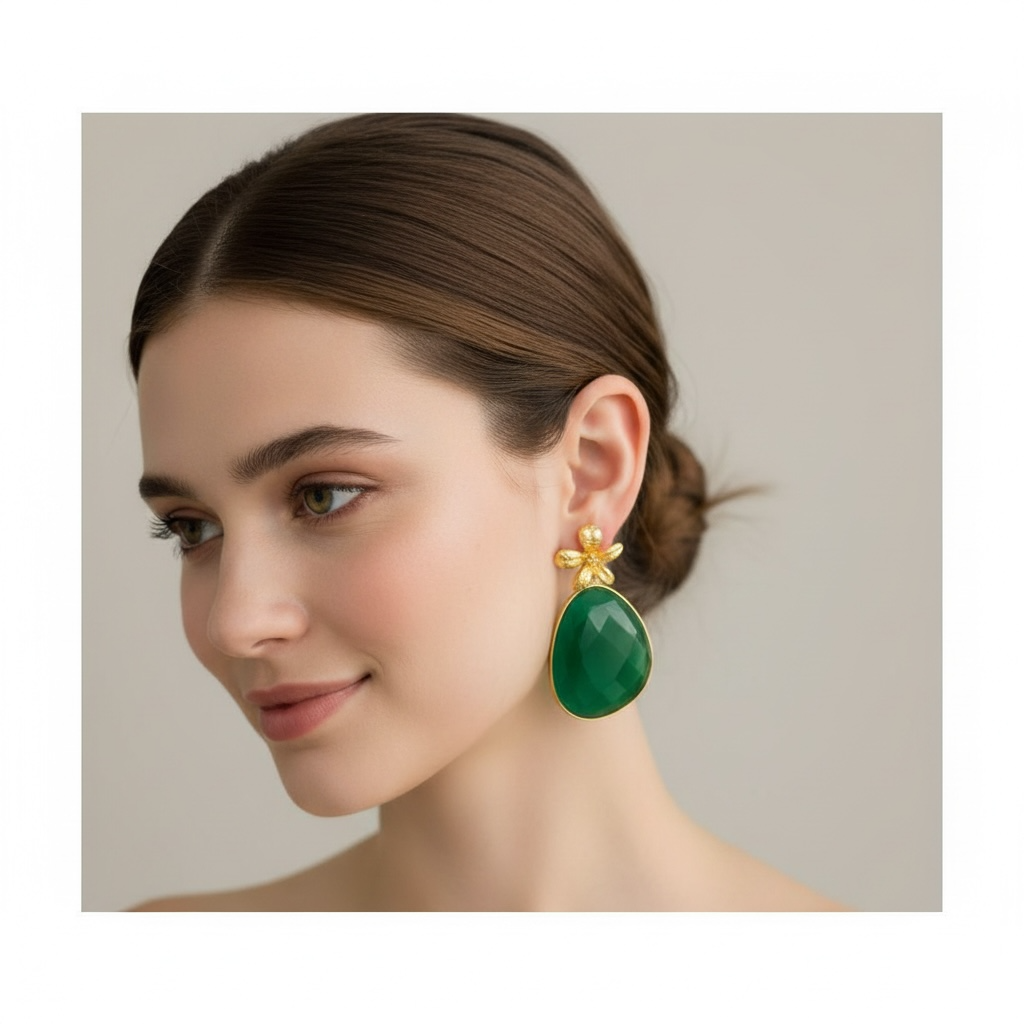 Small Flower Large Green Agate Tear Shape Earrings