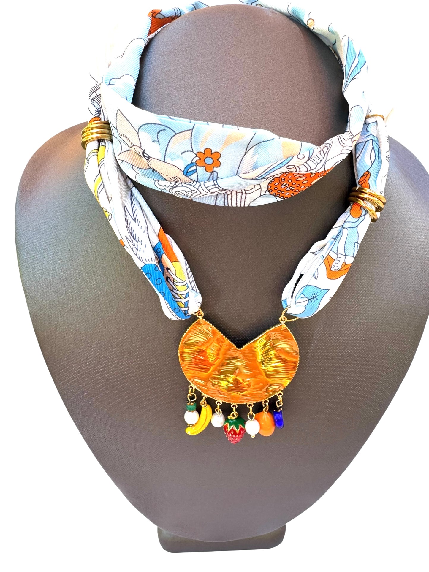 Blue Pattern Silk Blend Scarf Necklace & Pendant