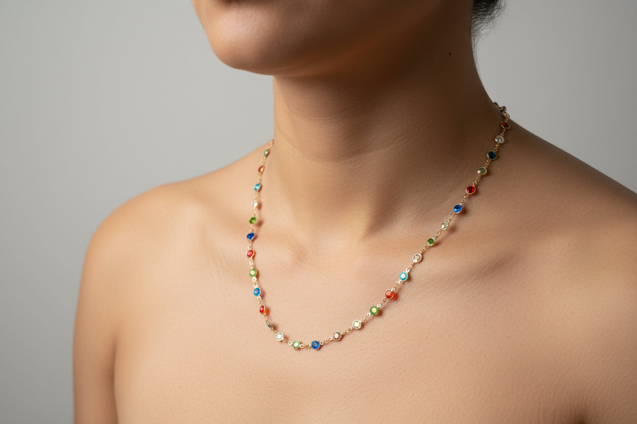 Mutli Color Cubic Zirconium Long Chain Necklace