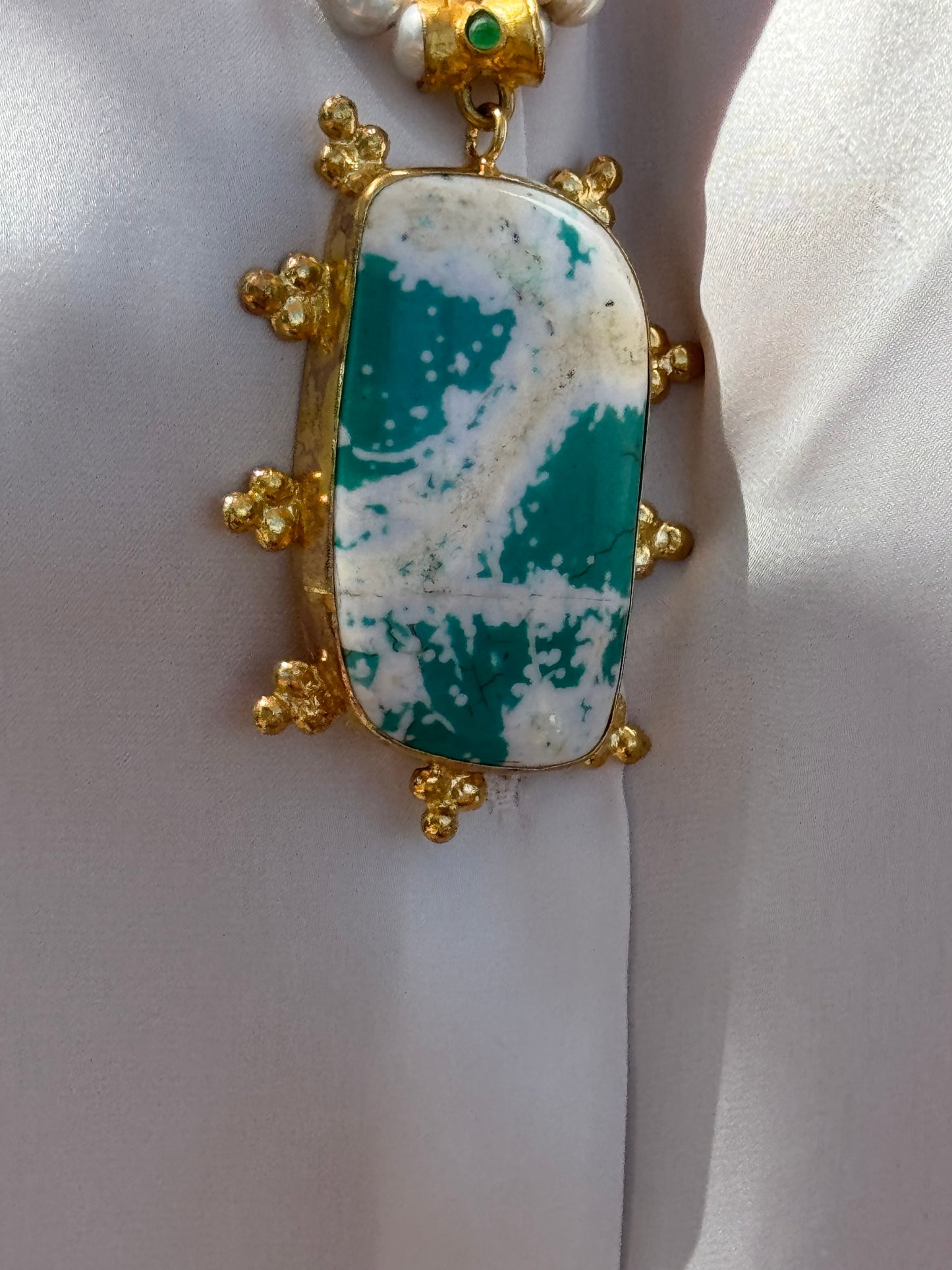 Long Pearl Necklace & Large White & Blue Agate Pendant