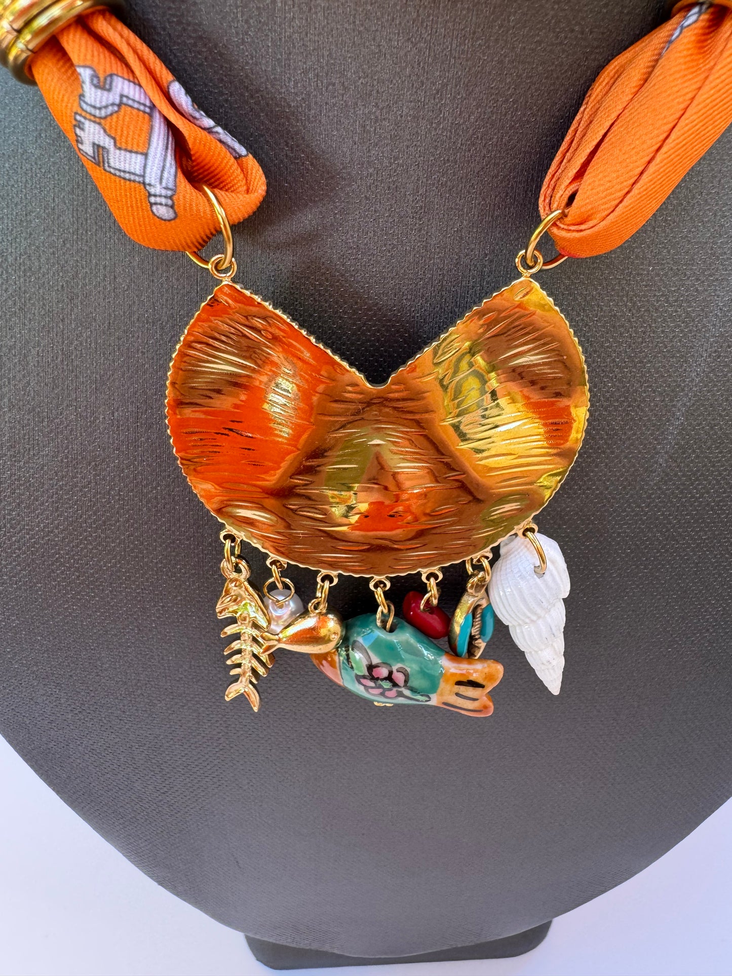 Orange Pattern Silk Blend Scarf Necklace & Pendant
