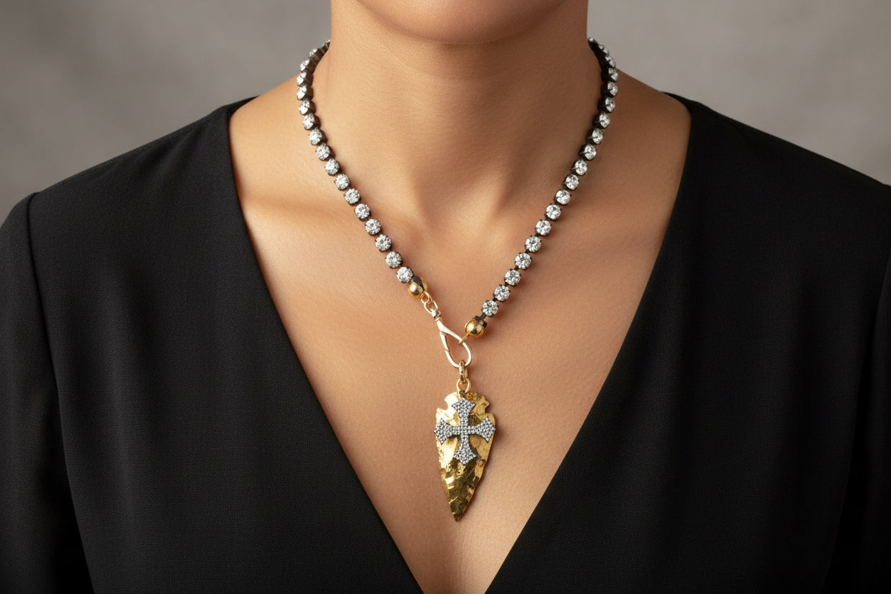 Cubic Zirconium Beaded Chain & Removable Arrowhead & Cross Charms