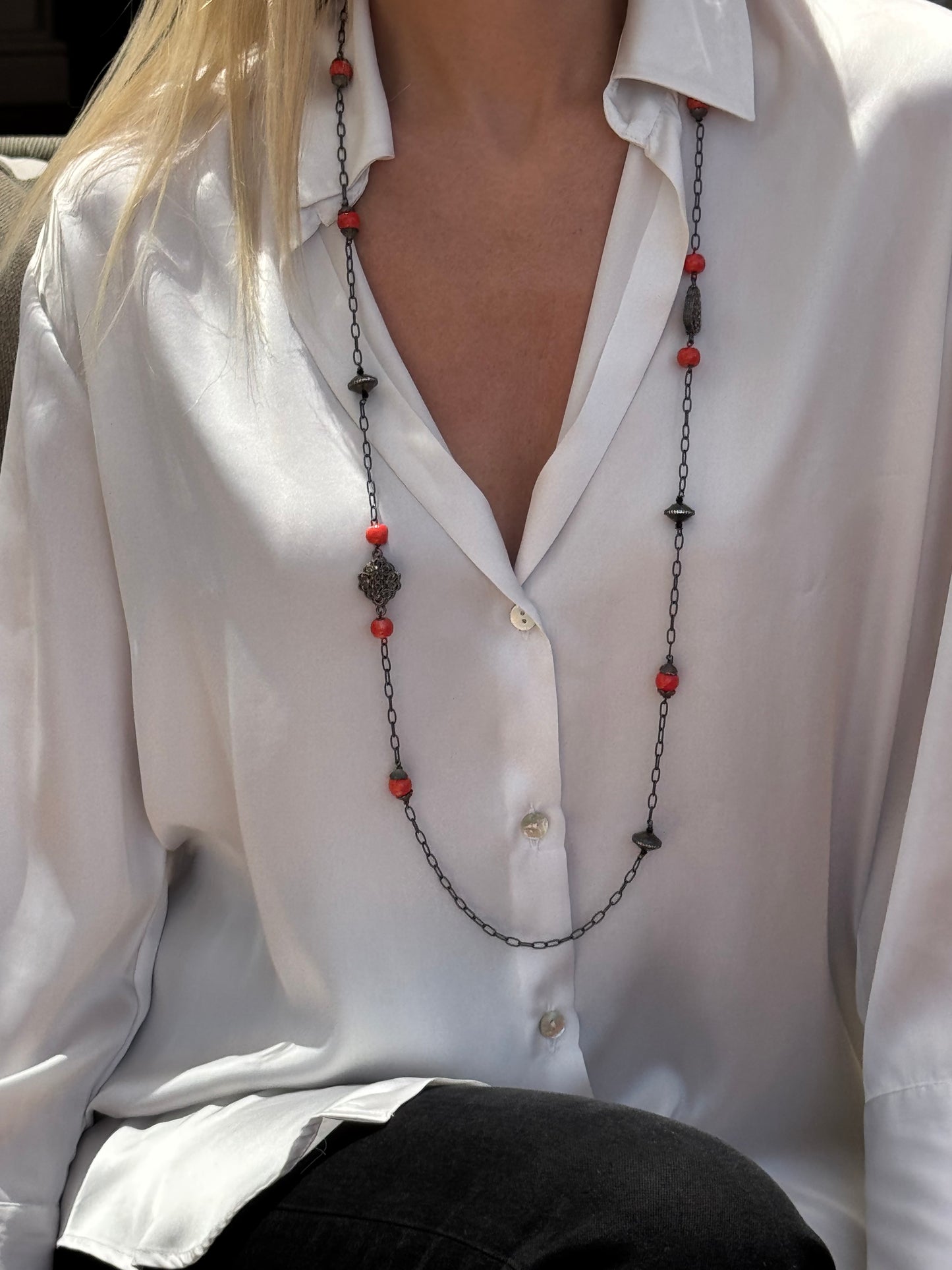 Oxidized Chain, Red Coral & Oxidized Silver Bead Long Necklace