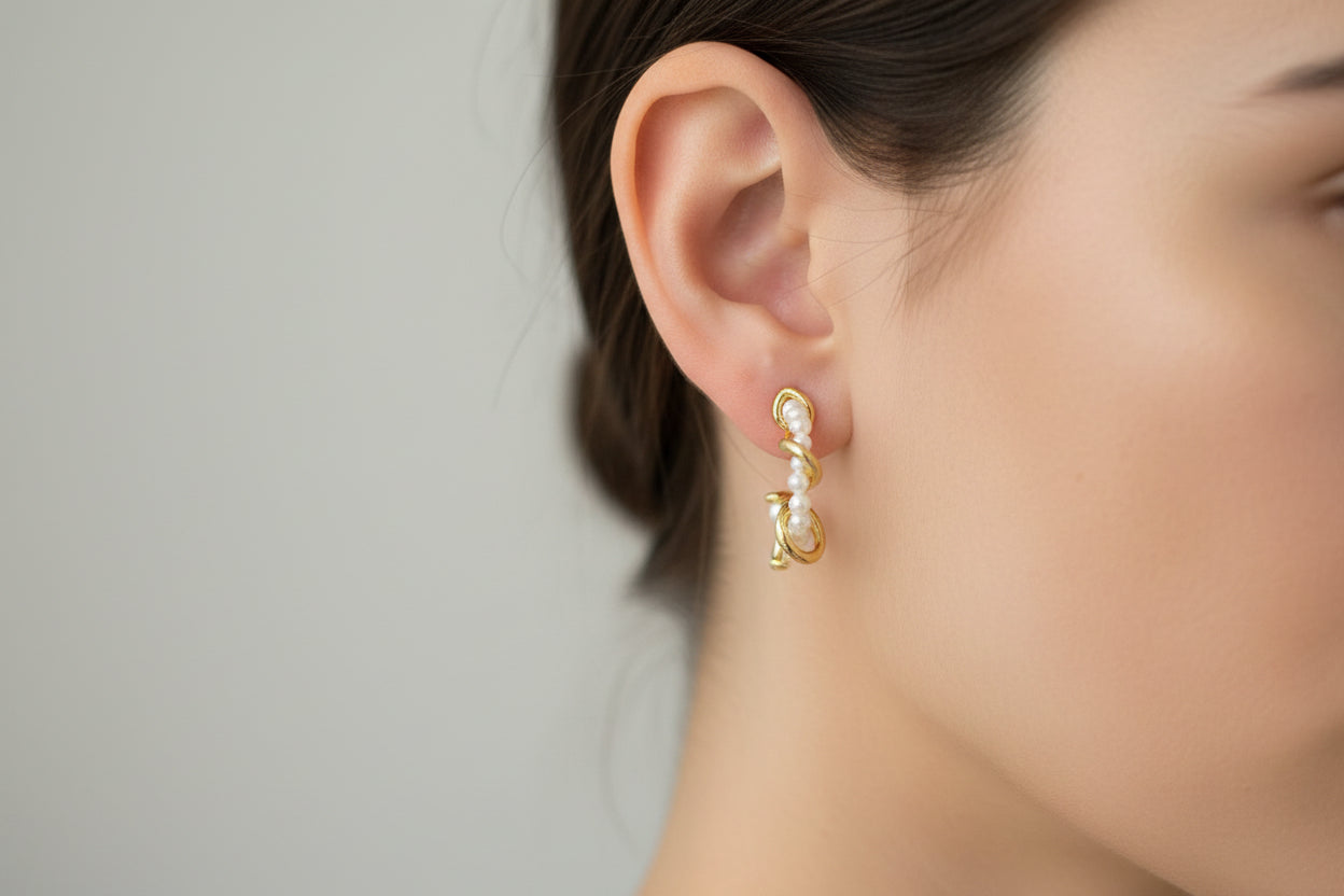 Twisted Gold & Pearl Hoop Earrings
