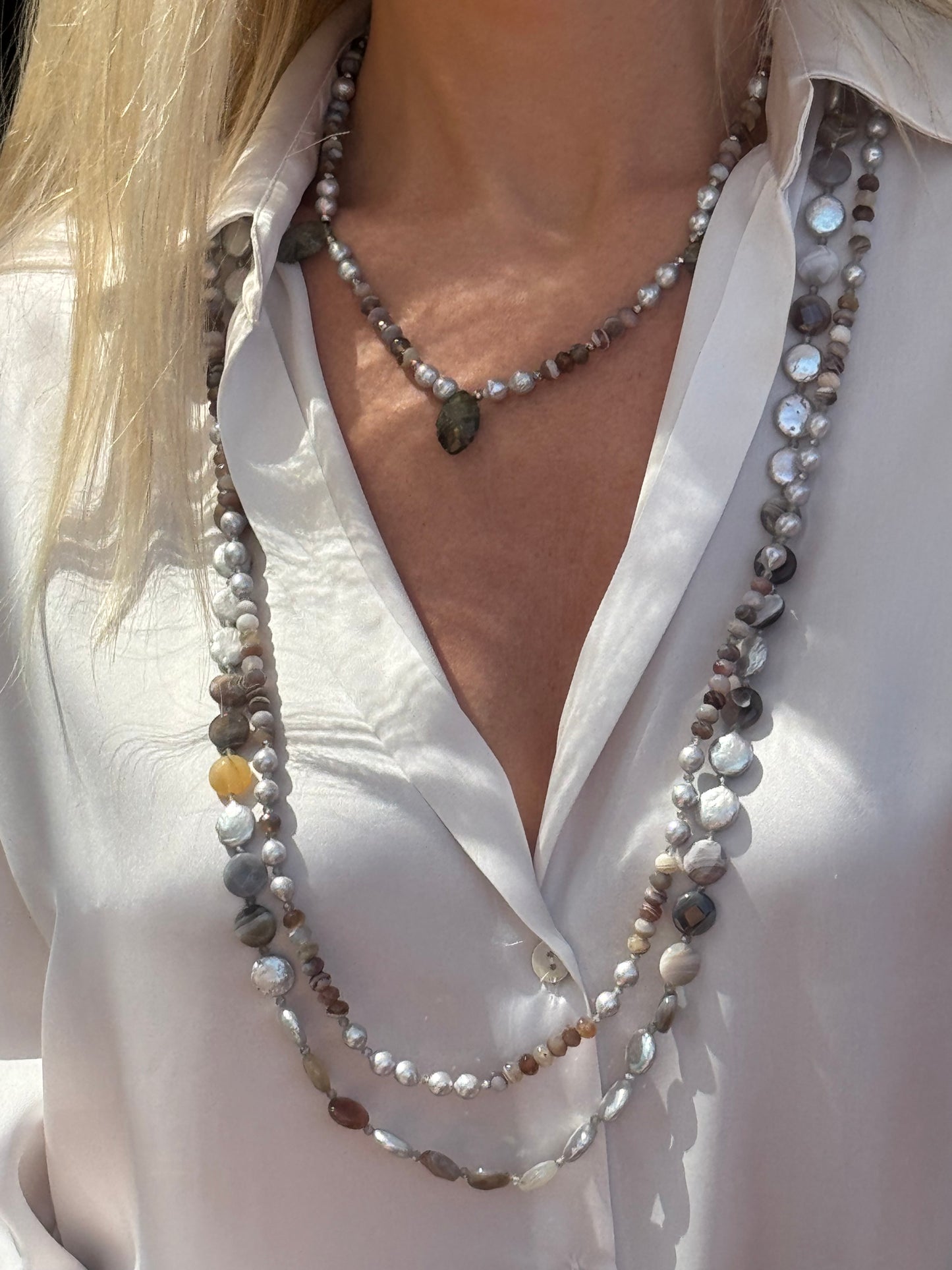 Round Gray Agate, Pearl & Labradorite Short Necklace