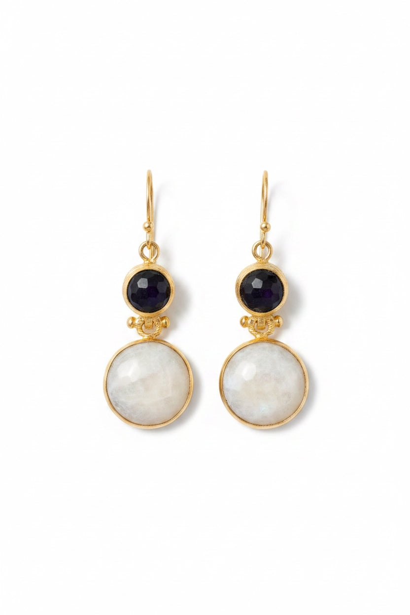 Onyx & Moonstone Round Drop Earrings