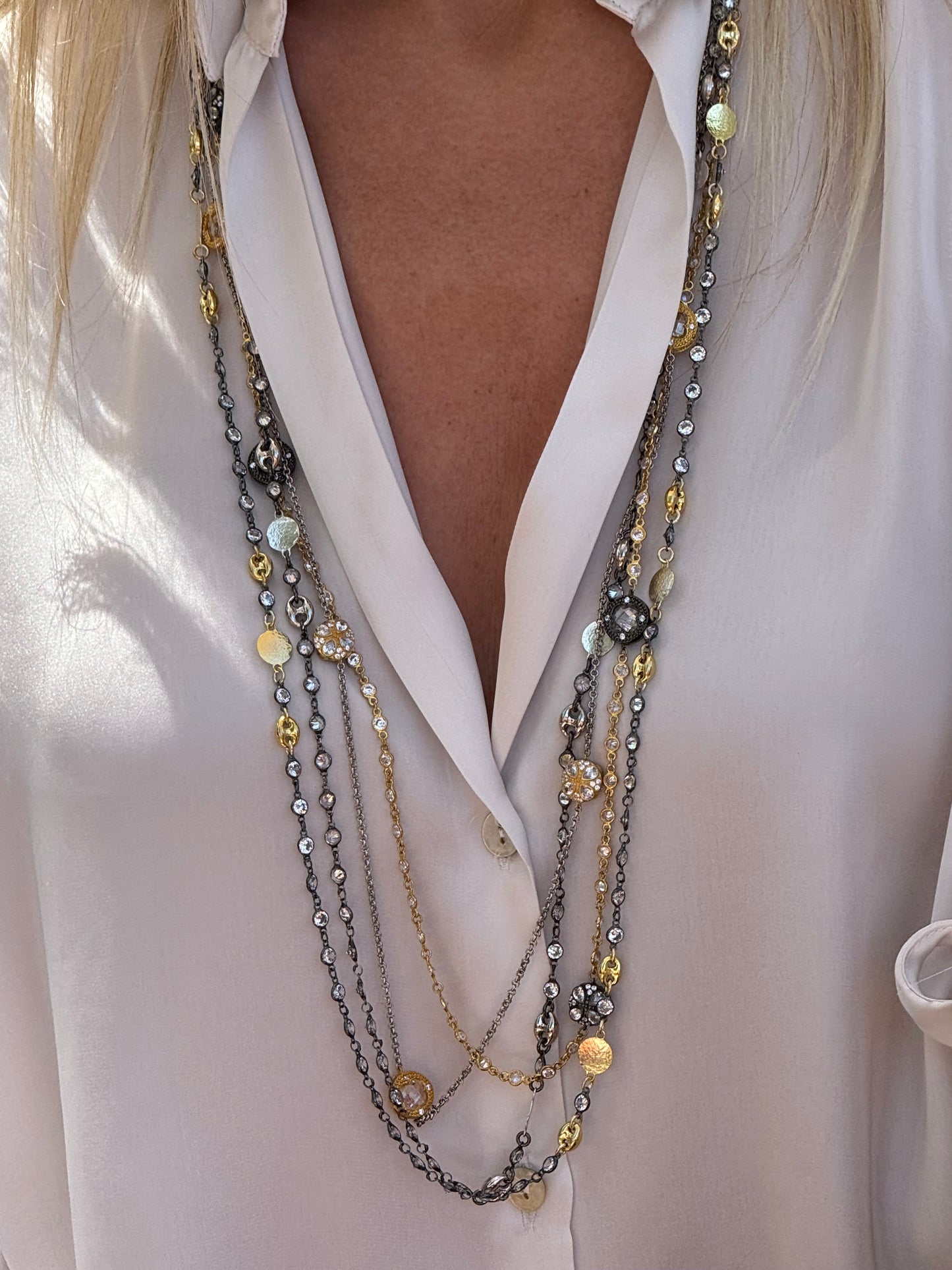 Silver Chain & Doubled Sided Gold Crystal Beads