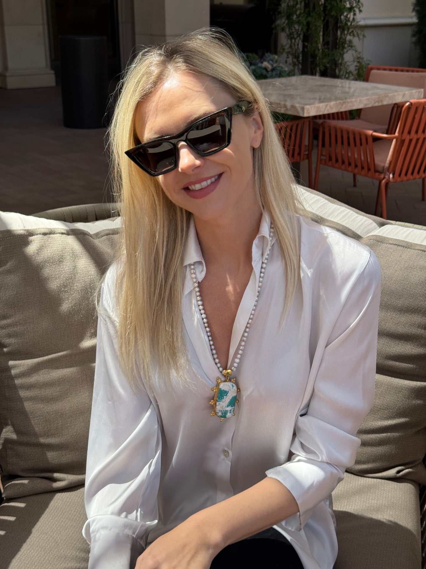 Long Pearl Necklace & Large White & Blue Agate Pendant