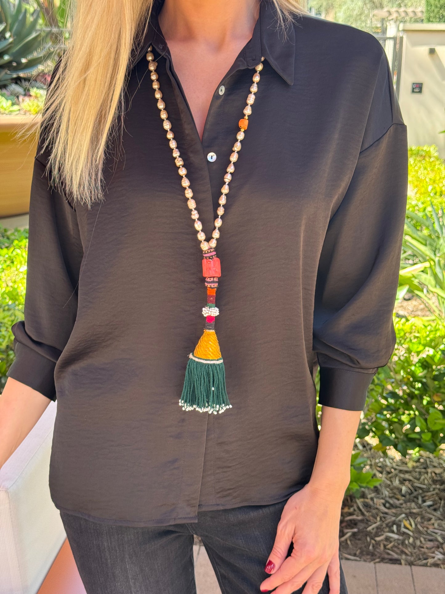 Bohemian Pearl & Green Thread Tassel