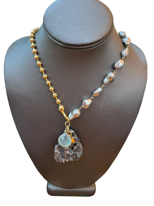 Beaded Chain Yellow Gold, Gray Pearl & Pyrite Pendant