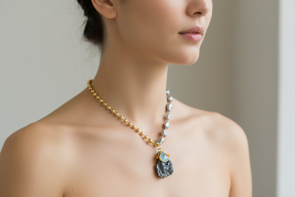 Beaded Chain Yellow Gold, Gray Pearl & Pyrite Pendant