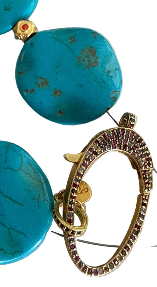 Large Flat Turquoise Bead & Golden Bead Necklace