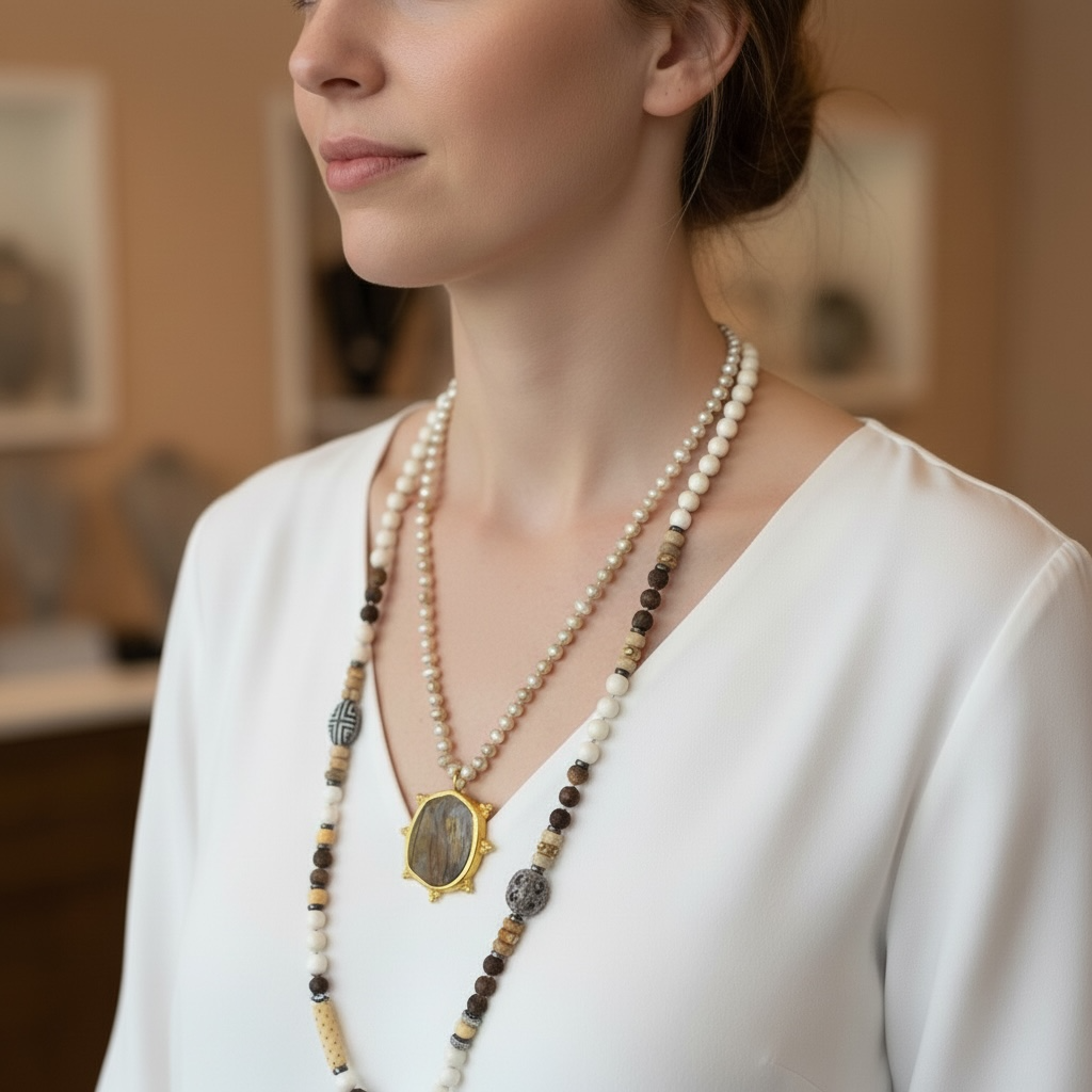 Long Golden Pearl & Large Tigger Eye Pendant Necklace