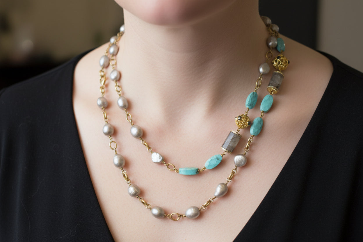 Gray Pearl, Rudelited Quartz, Turquoise Chain Necklace