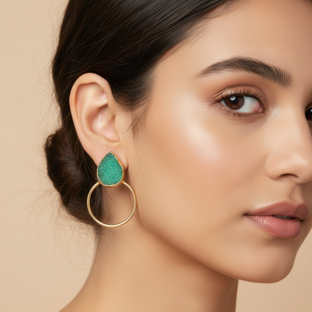 Green Agate Druzie Hoop Earrings