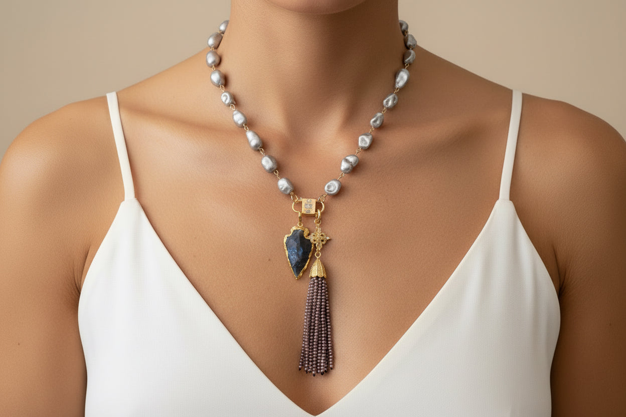 Gray Pearl Cascade Necklace with Tassel & Arrowhead Charm