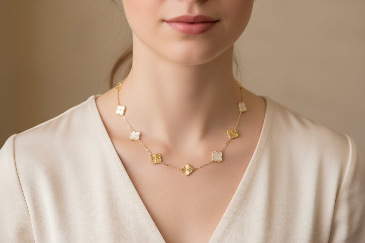 Yellow Gold Vermeil & Mother of Pearl Double Sided Clover Necklace