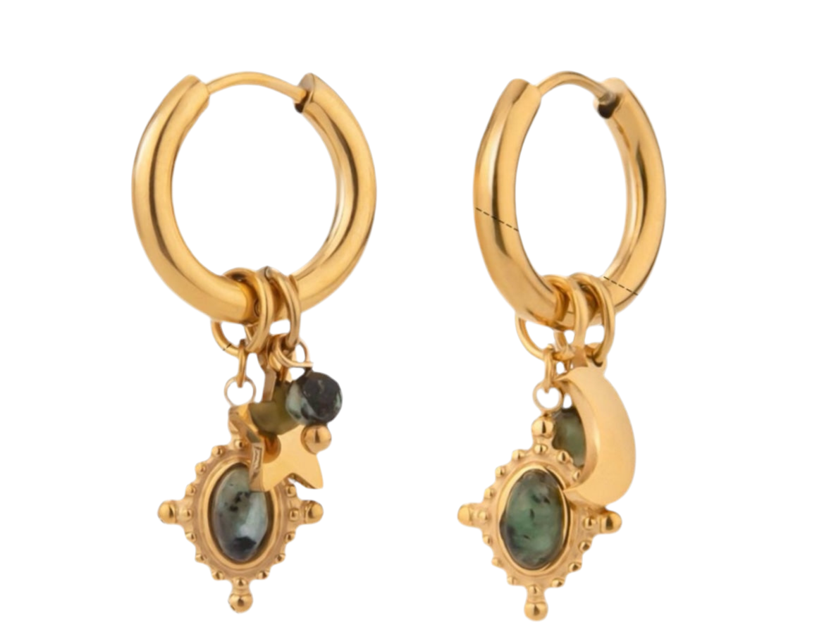 Dainty Moon Charm & Green/Gray Agate Hoop Earrings