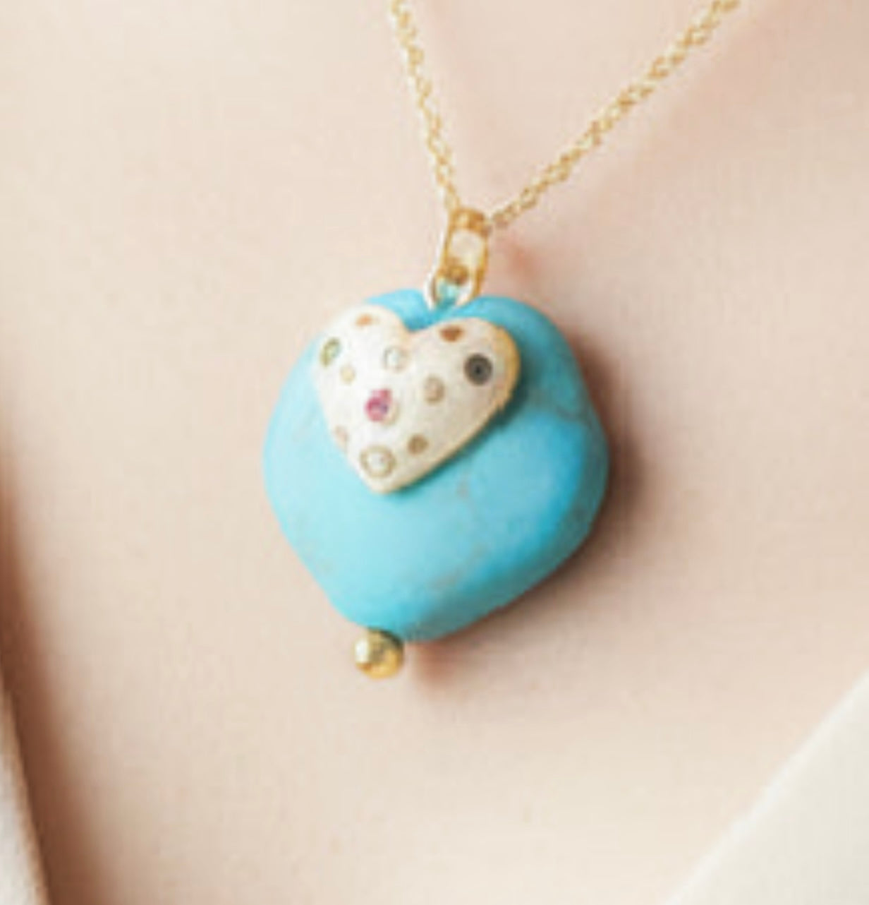 Round Turquoise & White Enamel Heart Charm/ Chain Not Included