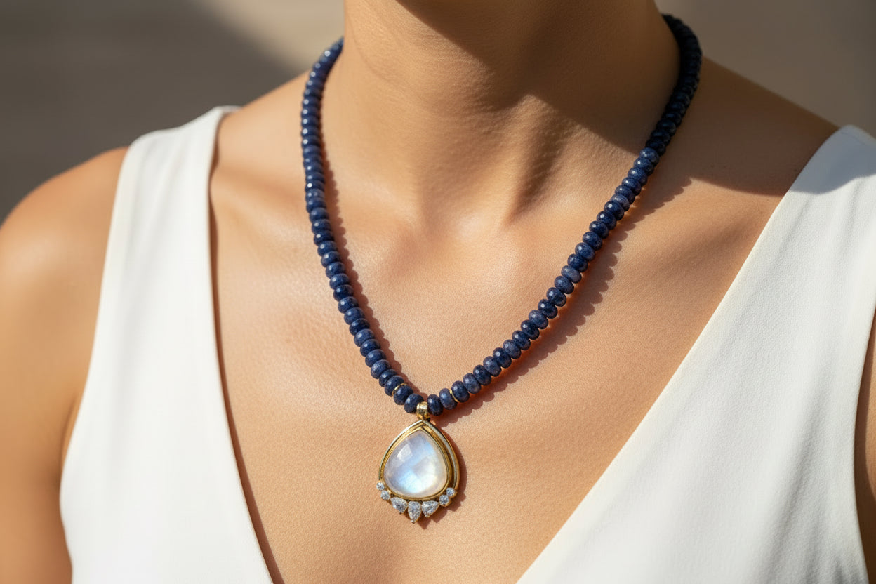 Lapis Necklace with Moonstone Pendant Necklace