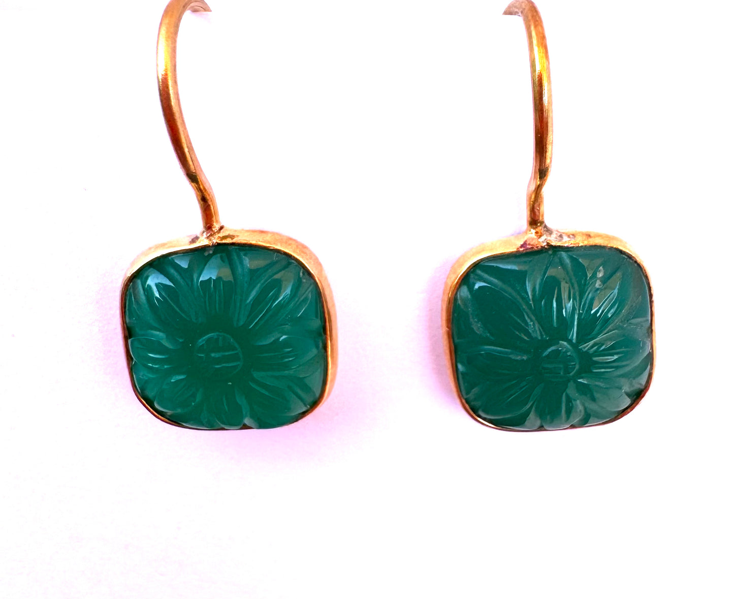 Carved Flower Green Agate Drop Earrings