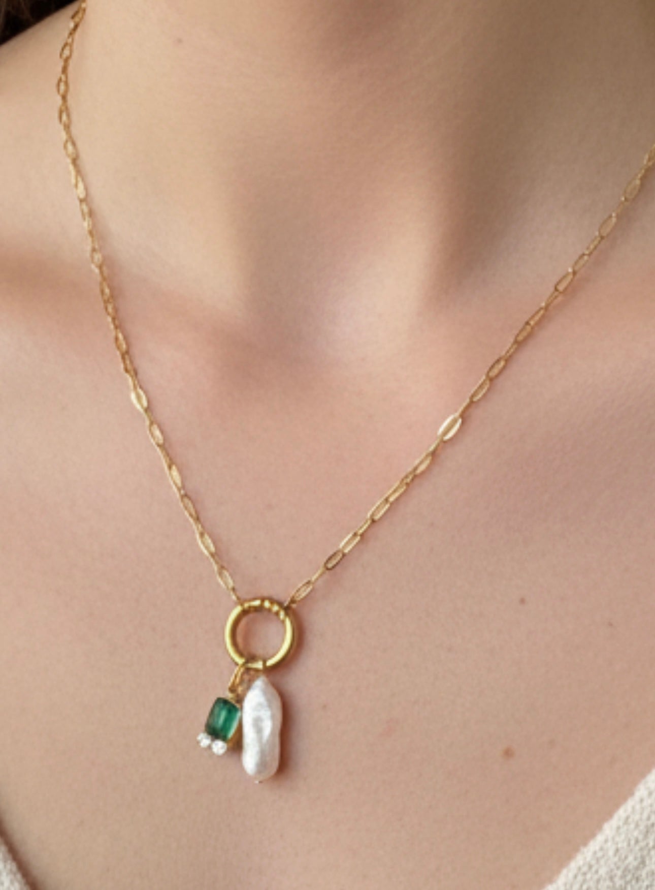Dainty Chain Pearl & Green Chalcedony Charm