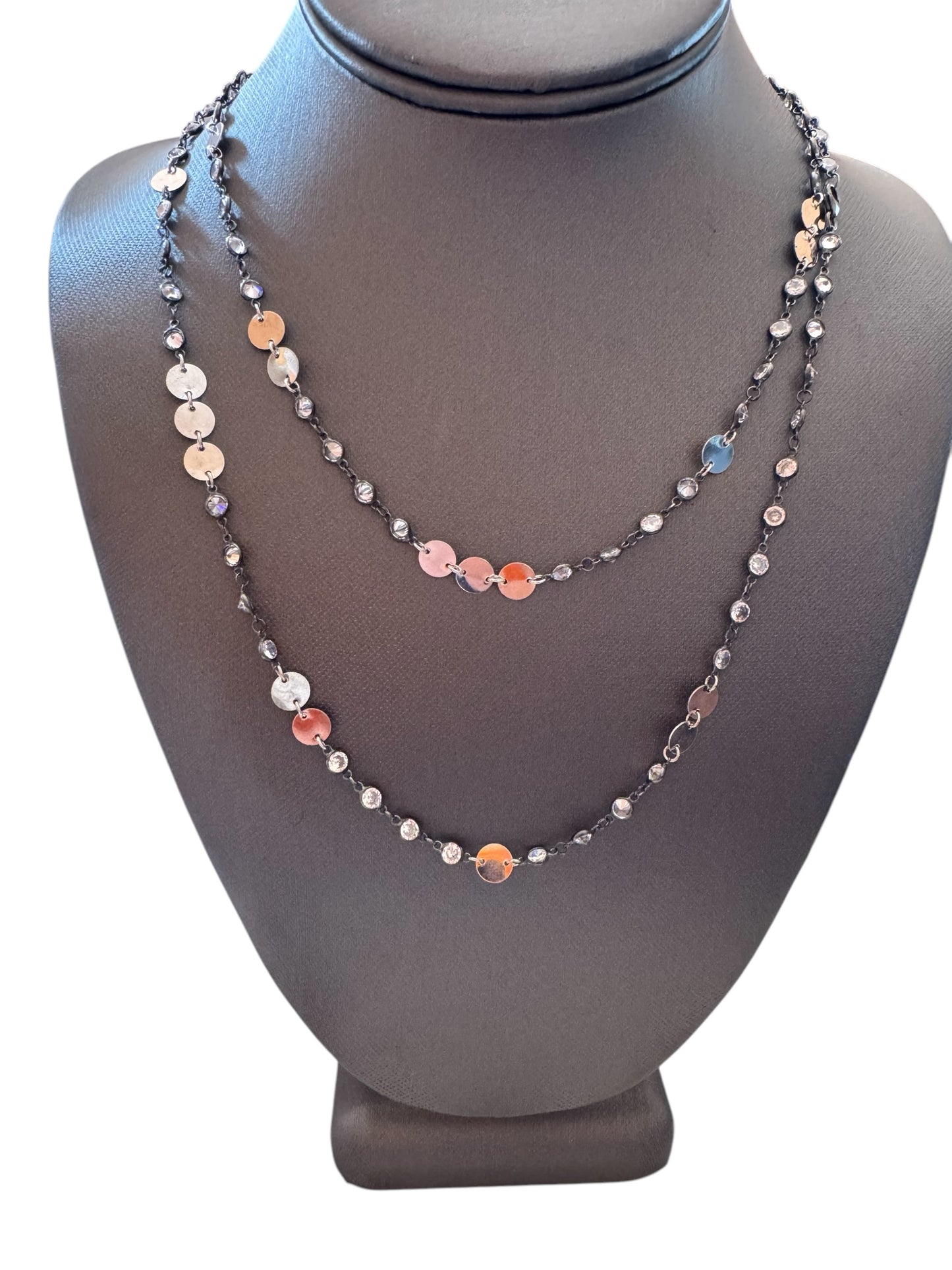 Silver Disc Oxydizied Diamond By The Yard Long Necklace