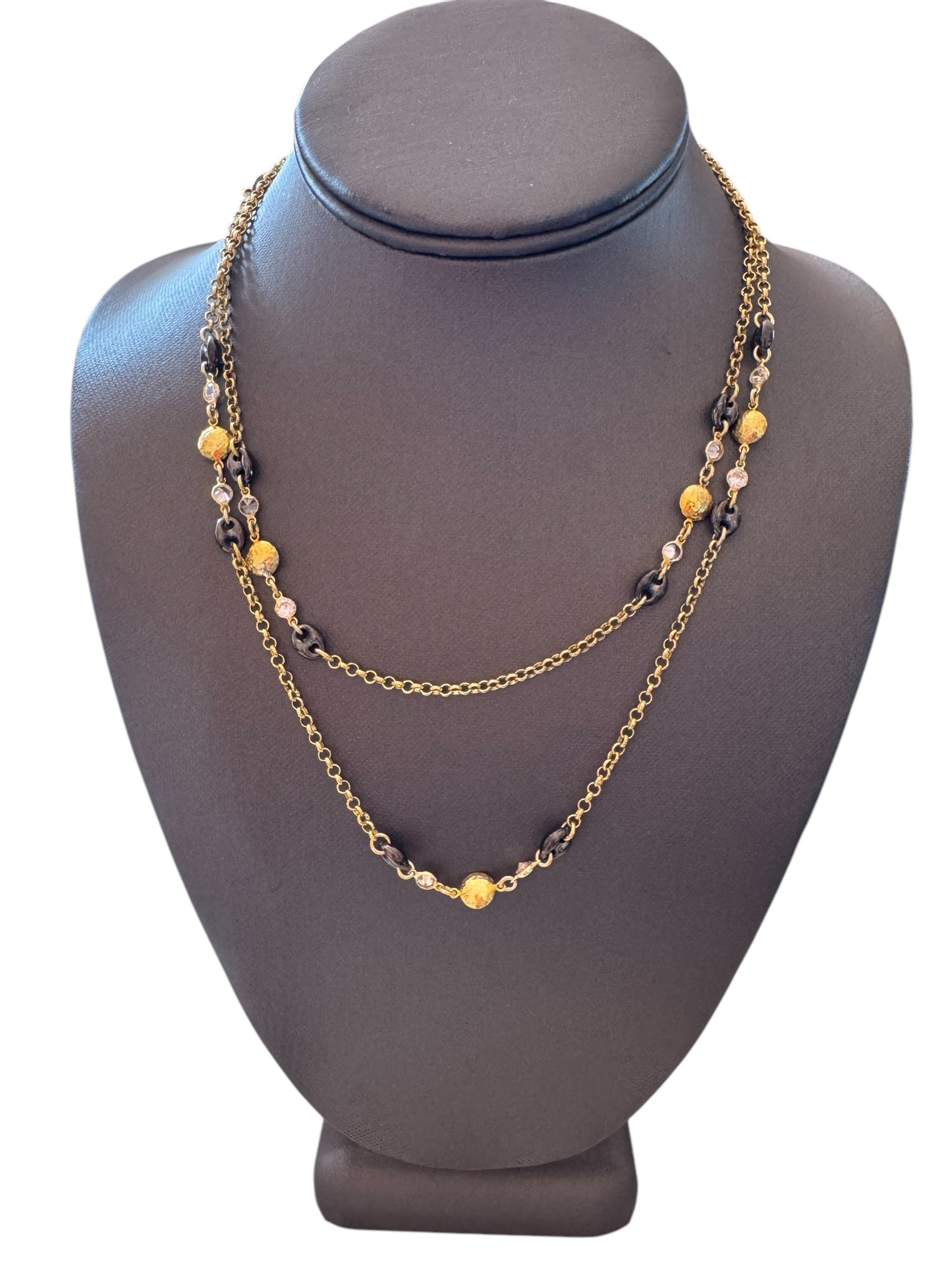 Gold Chain, Oxidized & Yellow Gold Vermeil Beads Long Necklace