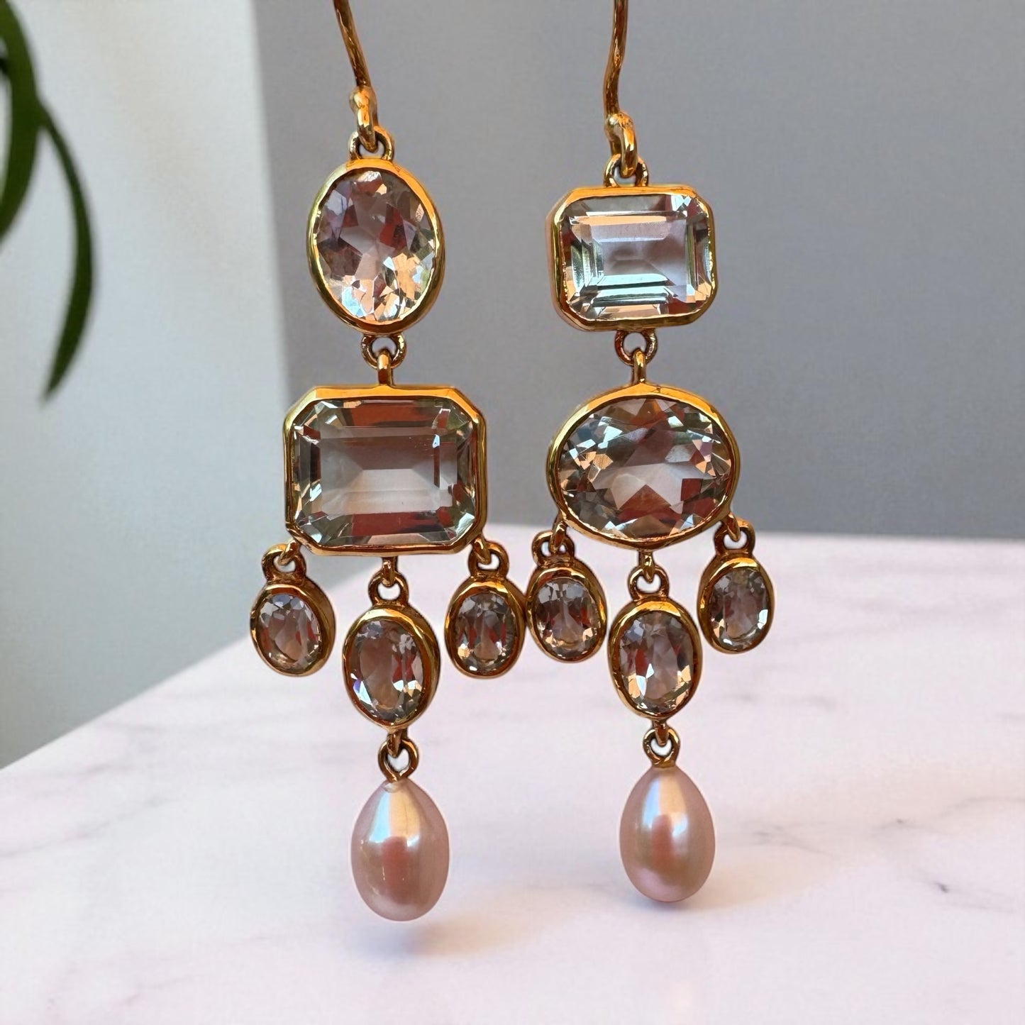 Blue Topaz & Pearl Chandelier Earrings