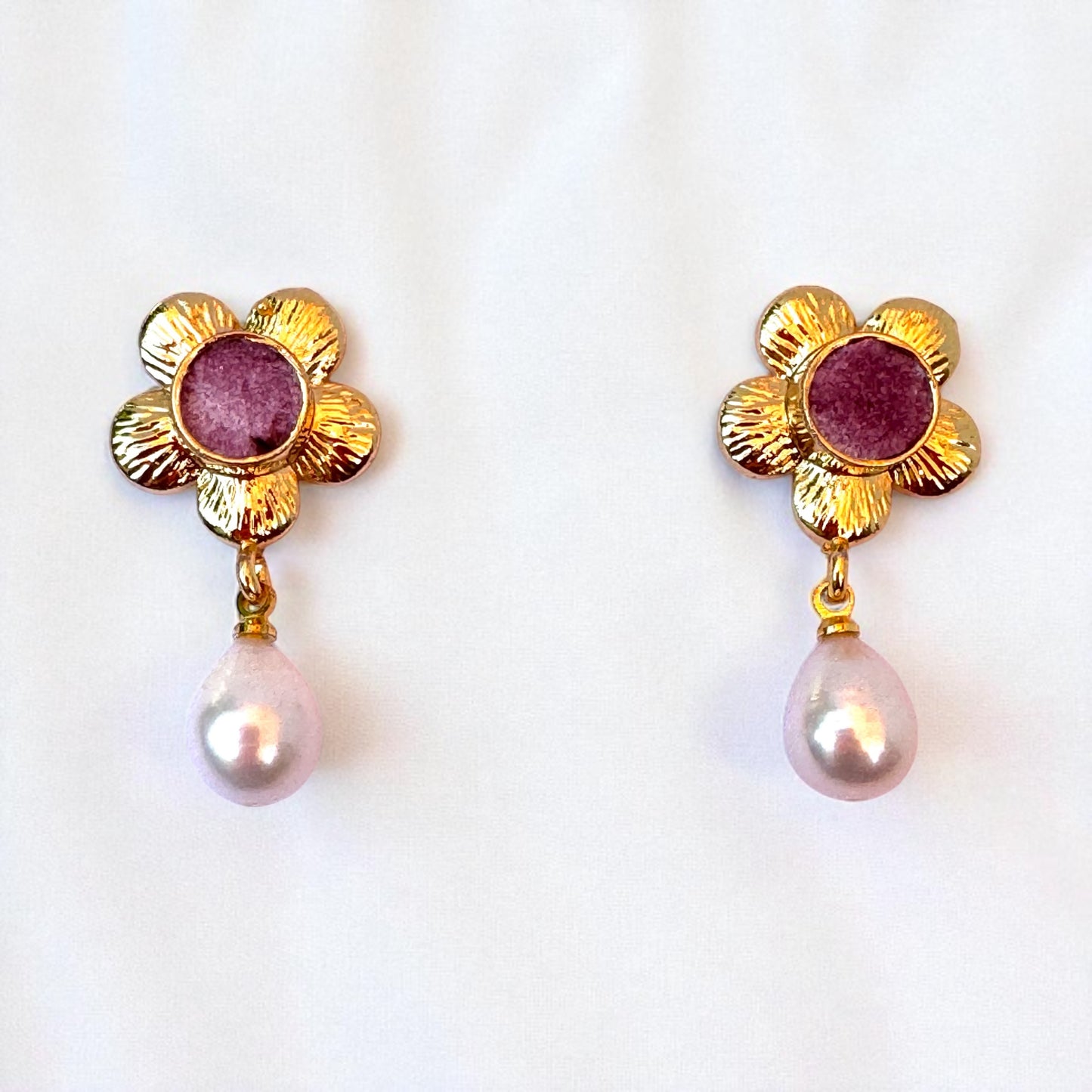 Purple Agate & Pearl Flower Drop Earrings