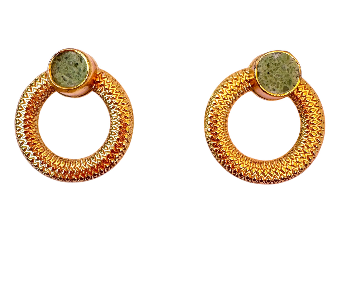 Green Agate Gold Circle Earrings