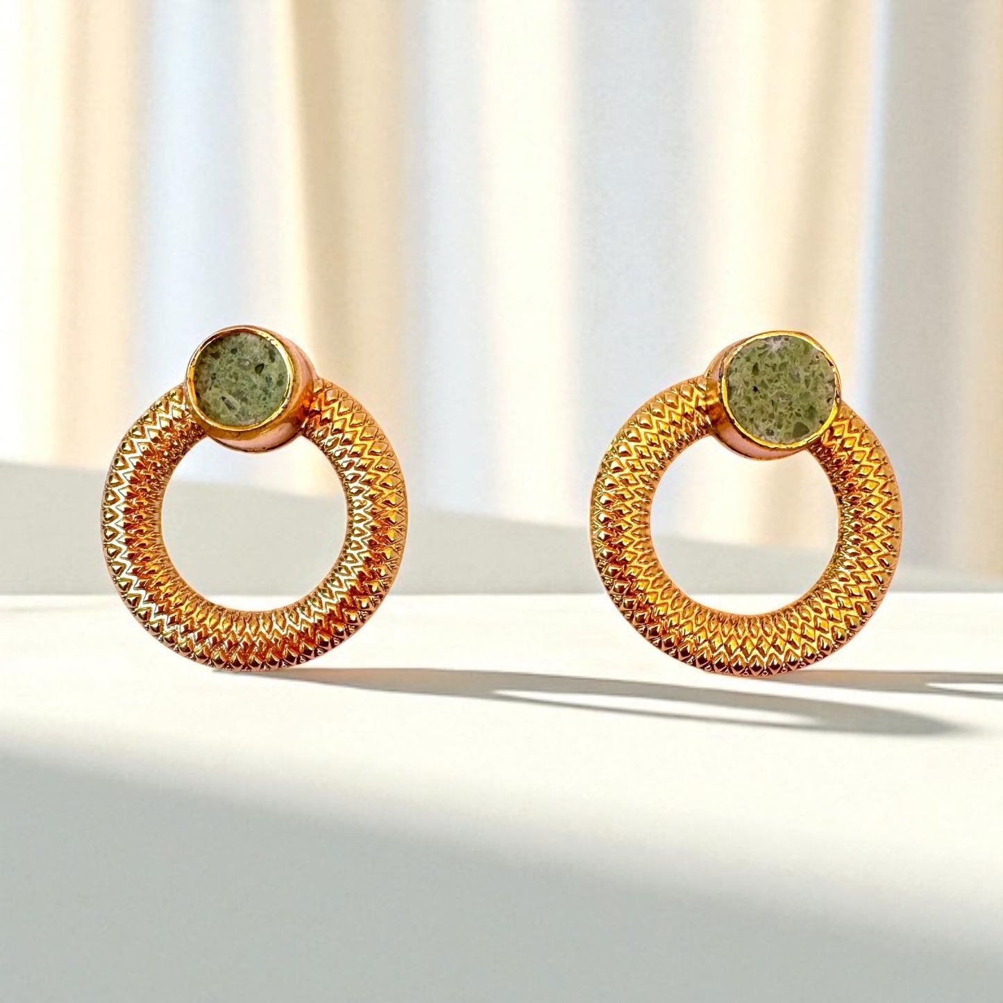 Green Agate Gold Circle Earrings